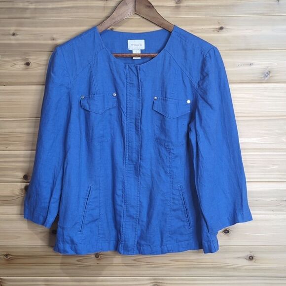 Chico's Womens Jacket Medium Blue 100% Linen Casual Jacket Front Zip Size 1 - Picture 1 of 10